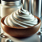Hair cream or product displayed in a wooden bowl, with the product container visible in the background, suggesting a hair care product for improved hair.