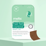 The Melts® into Eye Care front packaging highlighting Keratin and Zinc, along with the benefit of better hair health overall. It further notes attributes like Plant Based, Precise Dose and Sugar Free. The flavor mentioned is Tropical Strawberry