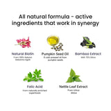 An informative image, showcasing the all natural formula consisting and ingredients of Melts® into Healthy Hair: Natural Biotin (Sesbania Agati), Pumpkin Seed Oil, Bamboo Extract, Folic Acid, and Nettle Leaf Extract.
