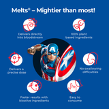 An informational image titled “Melts® - Mightier than most!”, listing the characteristics of Melts® Strips, such as easy to consume, 100% plant based ingredients, and faster results.