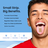 An informational image titled “Small Strip. Big Benefits”, listing the positive effects of Melts® into a Restful Sleep such as promoting restful sleep, providing insomnia relief and regulating sleep cycle