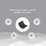 An image advertising a strip of Melts® into Testo Power placed in the middle surrounded by icons that represent issues which the product can help alleviate. Such as Low Testosterone and Low Muscular Regeneration.