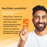 An informational image titled “Hey there, sunshine!”, showcasing the many uses of Melts® into Natural Vitamin D3 such stronger bones and health, better heart health, and immunity.
